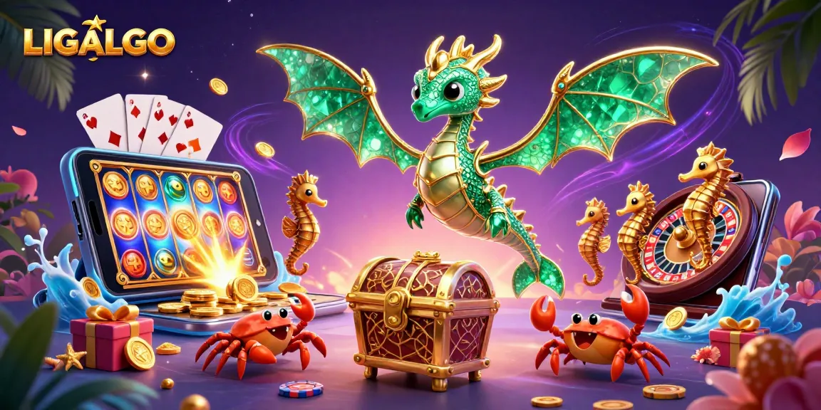LIGALGO showcases delightful gameplay with a 3D emerald sea dragon, slot games, and vibrant casino elements.