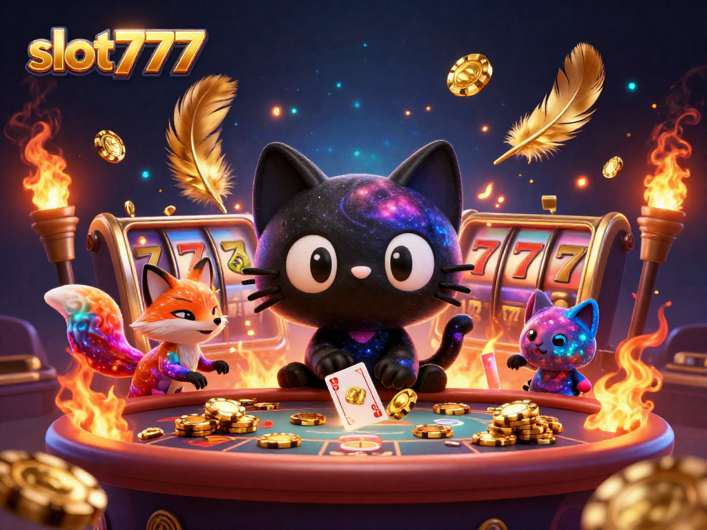 Slot777 menarik pemain dengan kucing hitam berputar yang mengumpulkan koin emas di kasino.