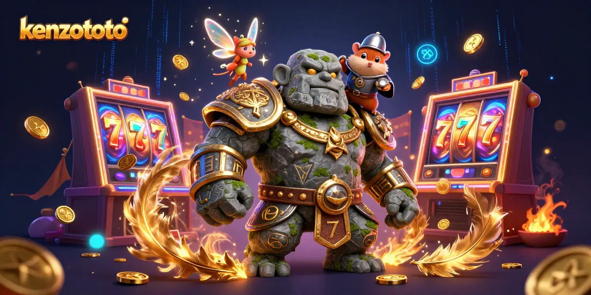Kenzototo shows a dynamic 3D scene with a golem, fairy, and hamster knight surrounded by lively slot machine elements.