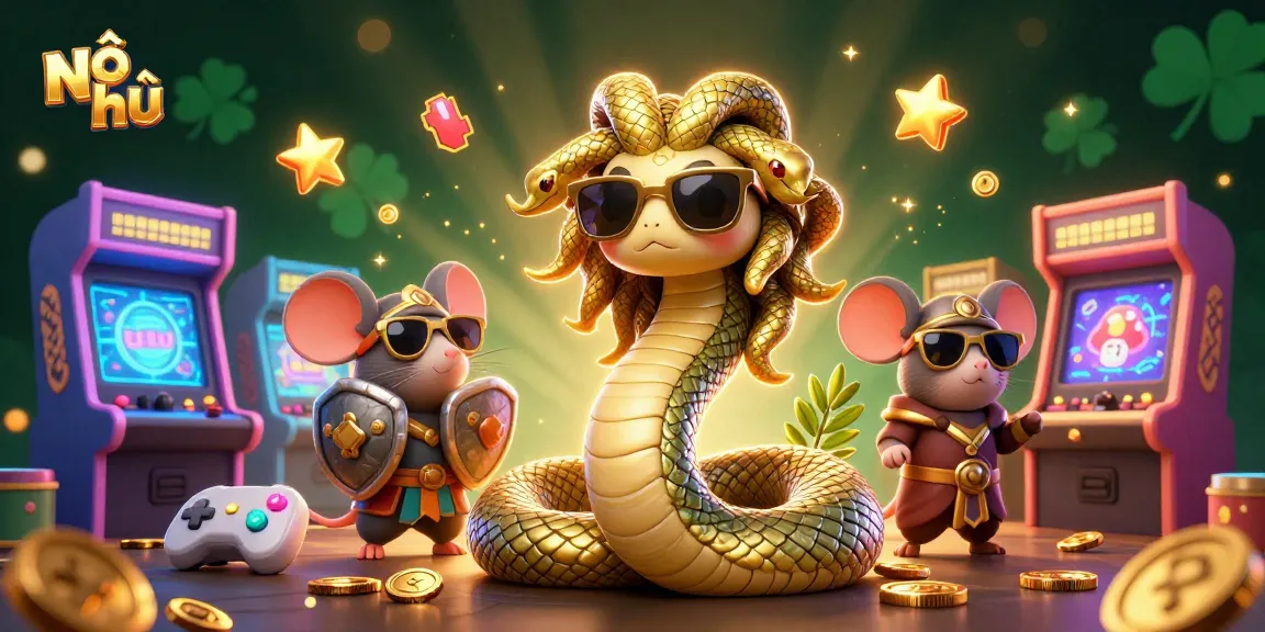 Nổ hũ gaming scene with a friendly Medusa and a warrior mouse among vibrant slot machines.