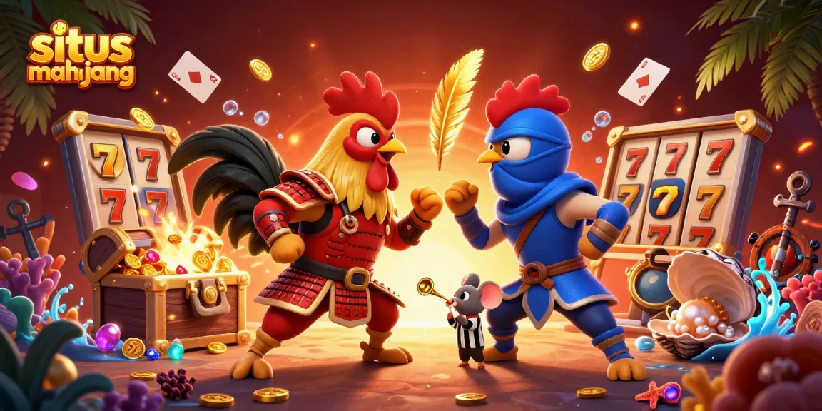 Engage with situs mahjong excitement through this vibrant 3D illustration of dramatic rooster combat.