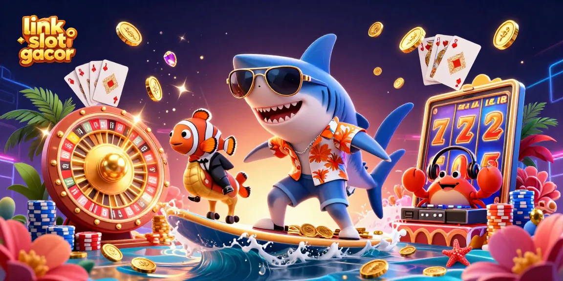 Spin and win with link slot gacor in a vibrant 3D casino scene featuring a shark and friends.
