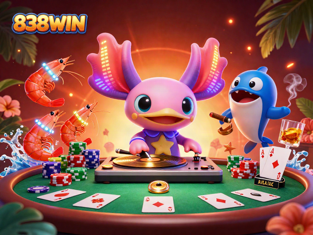 Experience thrilling poker action with the vibrant 838WIN illustration featuring lively characters.
