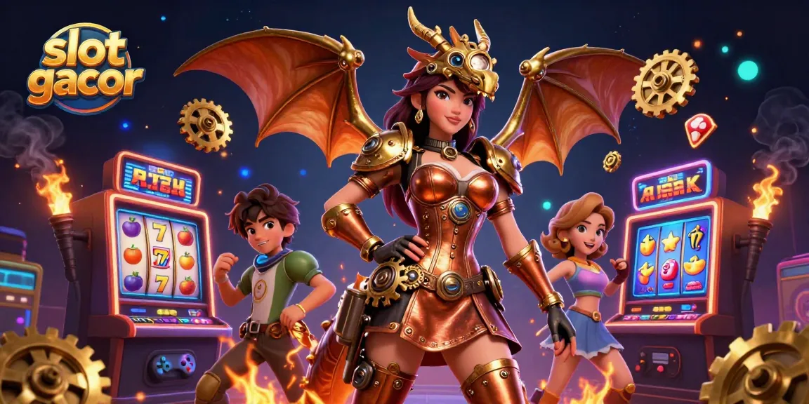 Putar gulungan slot gacor dengan ilustrasi menakjubkan dari ikon permainan dan karakter yang berwarna-warni.