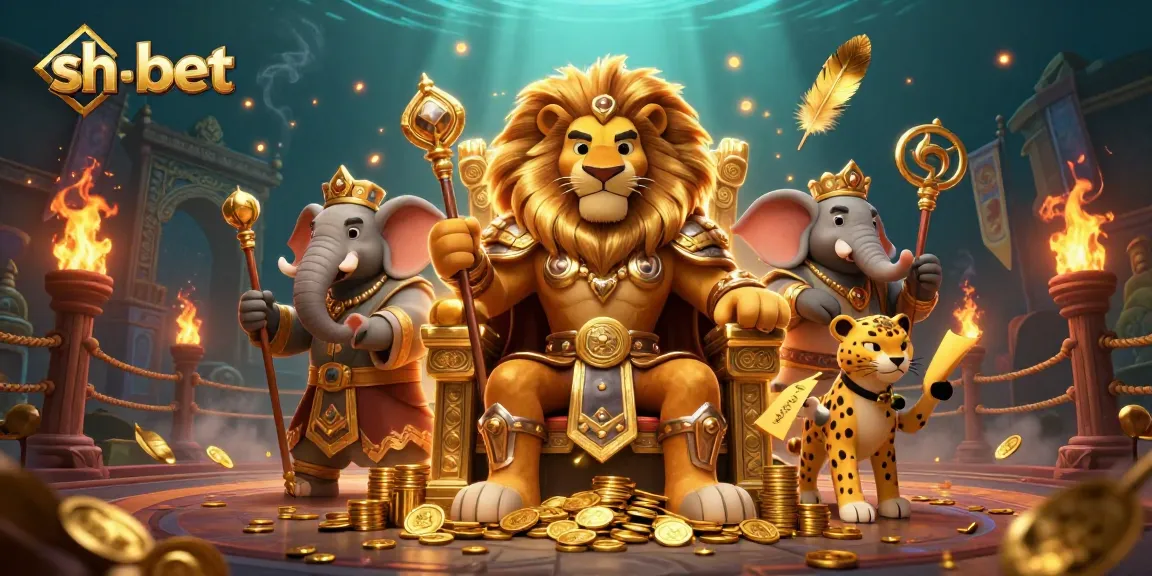 Engage with intense sh-bet action in a lively 3D illustration featuring a regal lion king and dynamic casino elements.