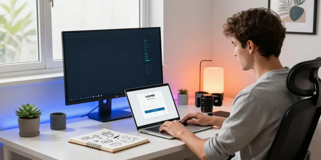 Person performing the loket88 login on a laptop in a modern home office with engaging decor and ambient light.