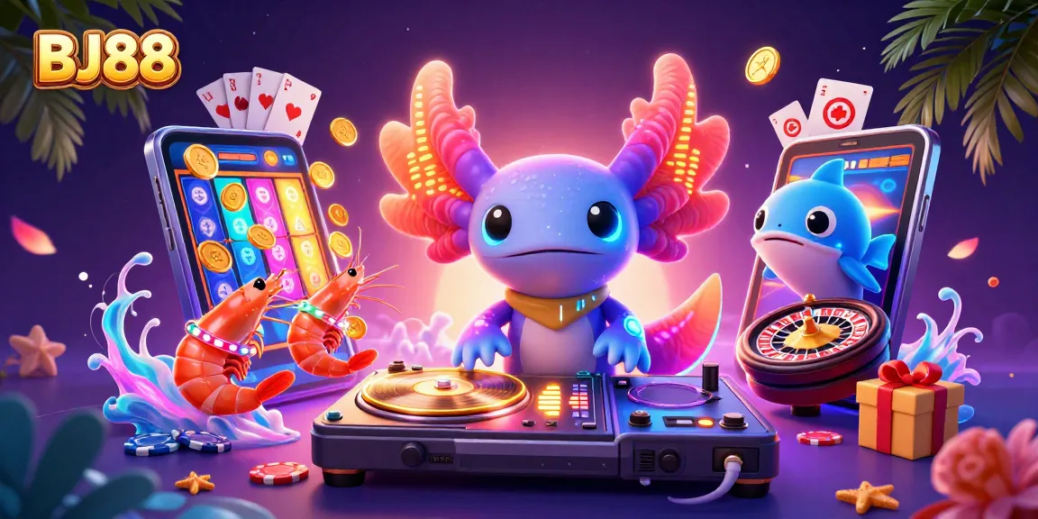 BJ88 brings excitement with a vibrant casino scene featuring a DJ axolotl and dynamic game elements.