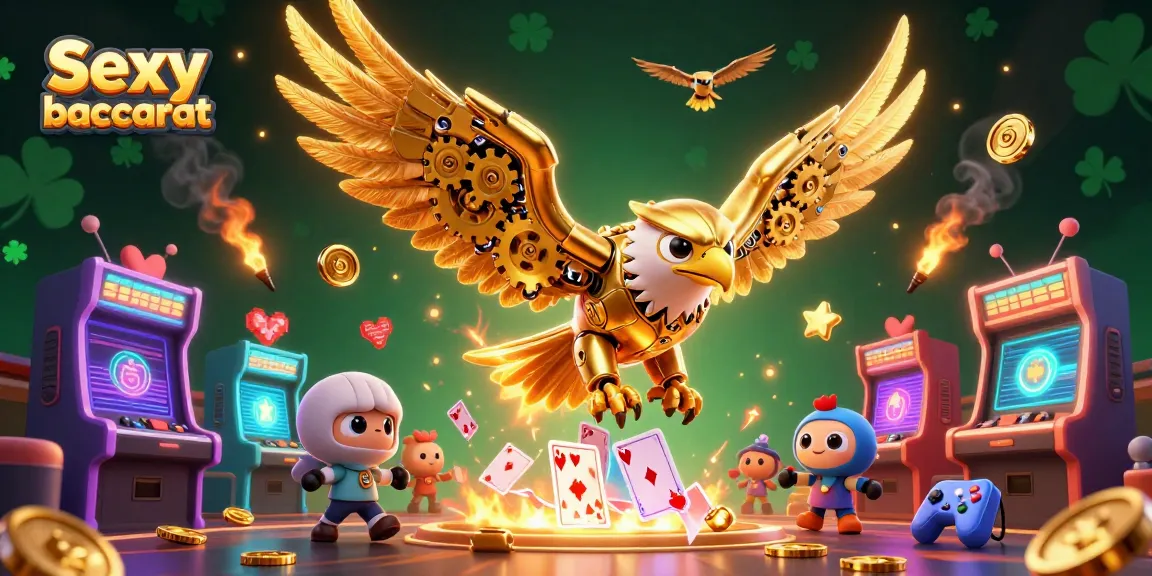 Play Sexy baccarat with immersive visuals of a cybernetic eagle amidst vibrant casino elements.