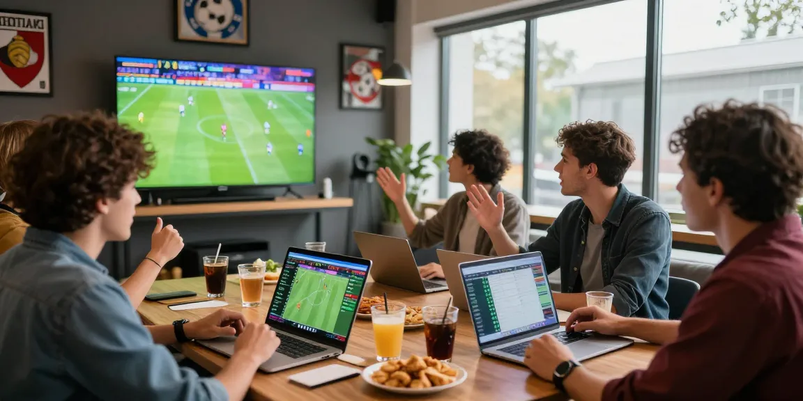 Exciting scene of friends engaging in Prediksi Bola Malam Ini while enjoying a live football match in a lounge.