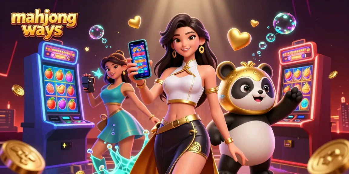 Spin and win with mahjong ways, featuring a joyful Asian woman in a dynamic casino scene with golden panda and slot machines.