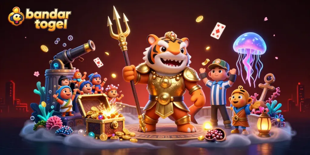 Bermain bandar togel dengan ilustrasi hiu kartun ganas mengenakan armor gladiator emas dalam koloseum bawah laut.