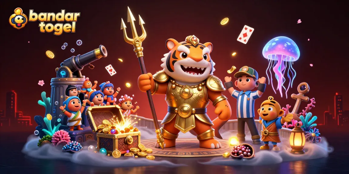 Bermain bandar togel dengan ilustrasi hiu kartun ganas mengenakan armor gladiator emas dalam koloseum bawah laut.