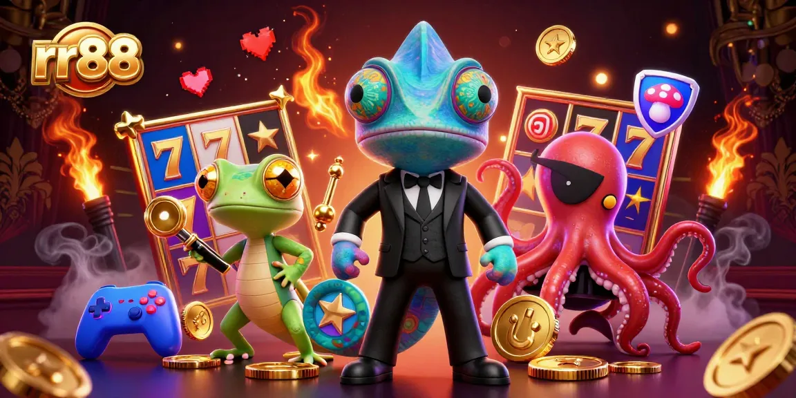 Experience thrilling gaming action at rr88 with vibrant slot reels and dynamic characters in a luxurious atmosphere.