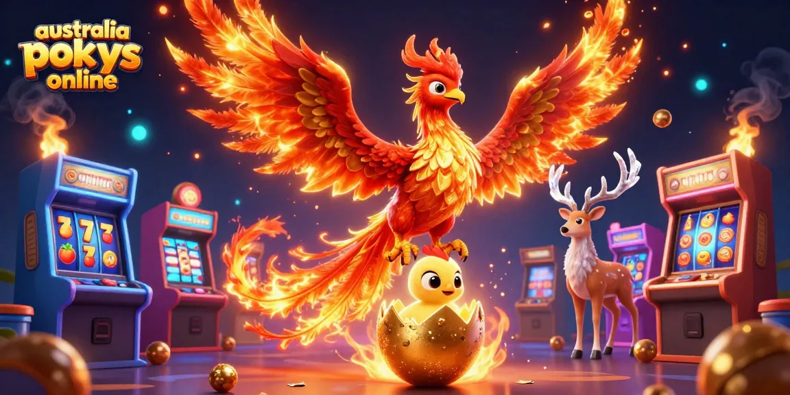 Spin to win with australia pokies online featuring colorful slot reels and a fiery phoenix.