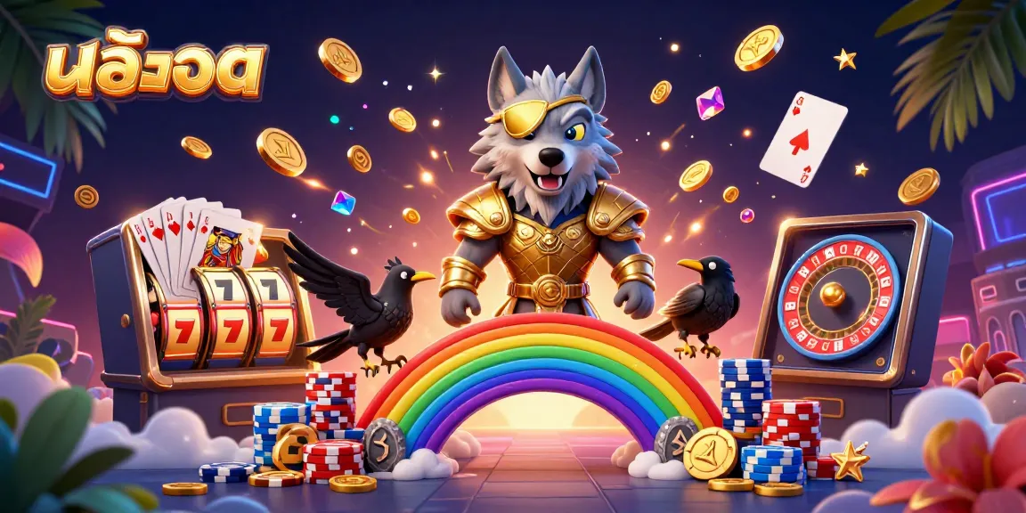 Engaging scene of a 3D cartoon Odin wolf and ravens, surrounded by slots and casino elements, showcasing สล็อต excitement.