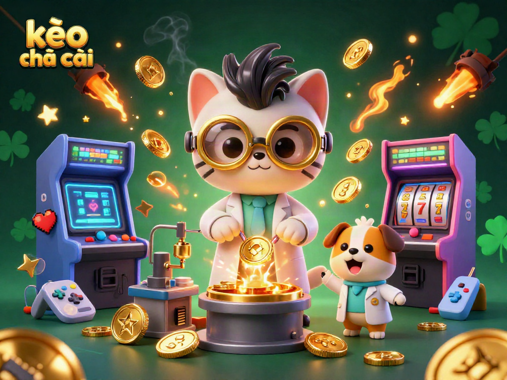 Bet on kèo nhà cái with an explosive casino scene featuring a mad scientist cat creating gold coins and vibrant game elements.