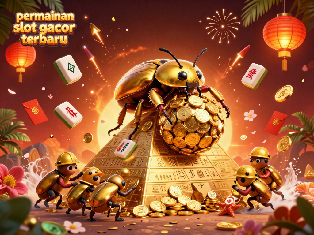 Temukan permainan slot gacor terbaru dengan karakter unik dalam ilustrasi 3D yang menampilkan koin emas dan simbol kasino.