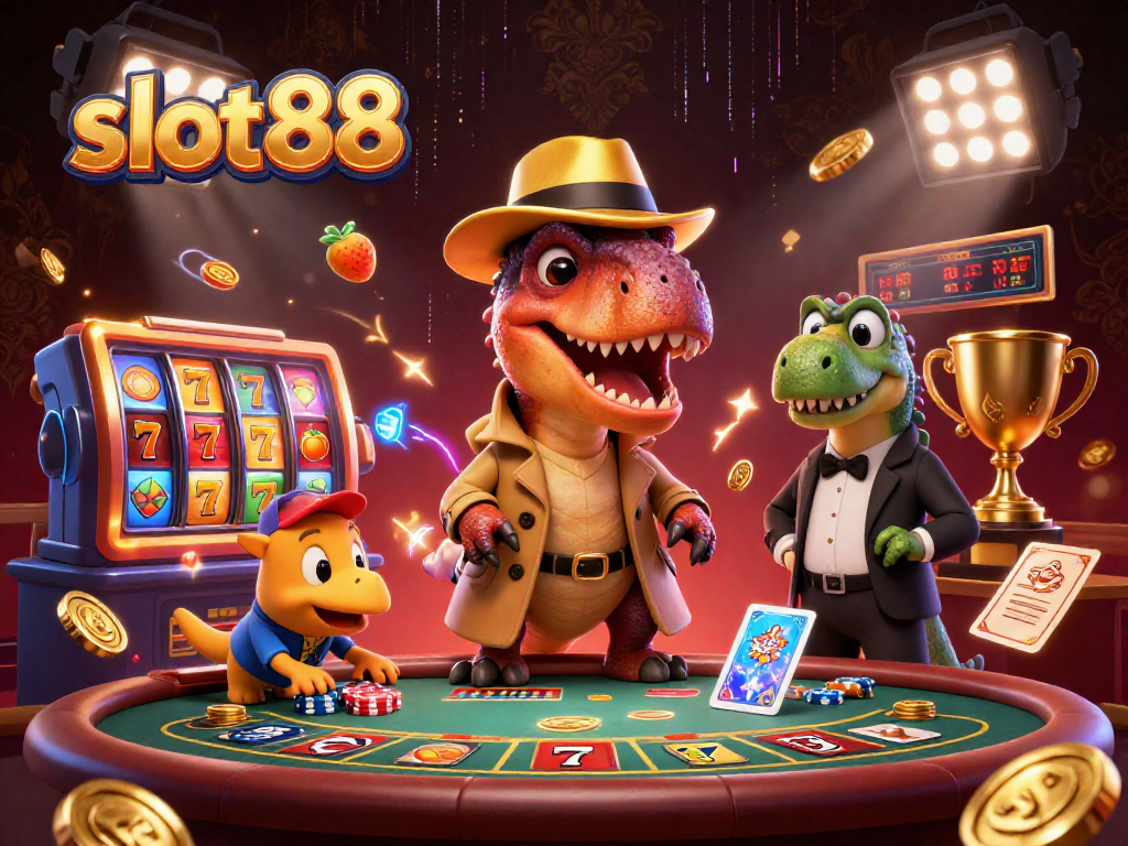 Slot88 menghadirkan ilustrasi kasino dengan velociraptor yang bermain kartu di meja blackjack.