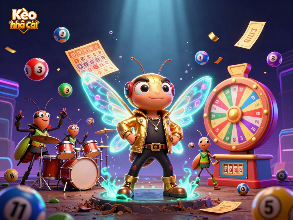 Kèo nhà cái showcases a 3D rock star cicada with vibrant gaming elements for thrilling lottery action.