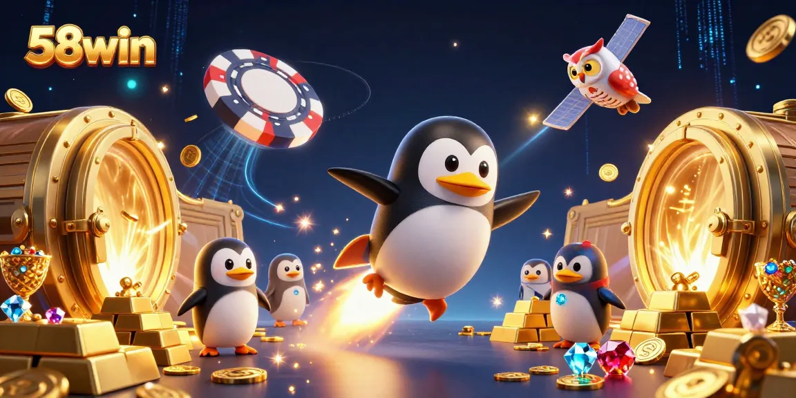 Experience the dynamic thrill of 58win with a golden penguin and treasure-filled casino adventure.