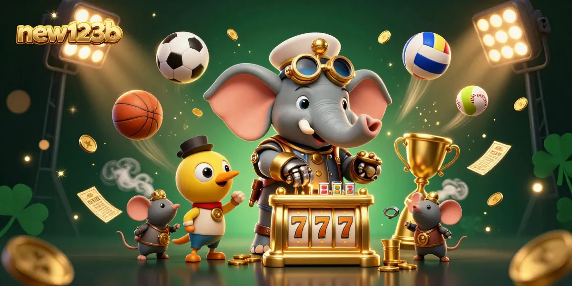 Experience thrilling gameplay at new123b, featuring a steampunk elephant by a golden slot machine amidst dynamic sports elements.
