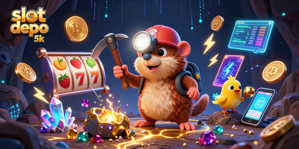 Spin to win with slot depo 5k illustrated 3D scene of treasure hunter mole surrounded by glowing coins.