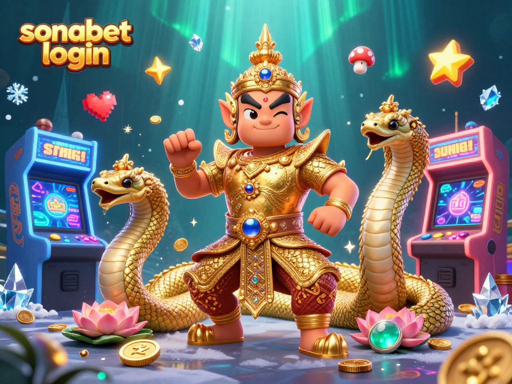 Engaging sonabet login scene featuring a friendly yaksha guardian with gaming elements.