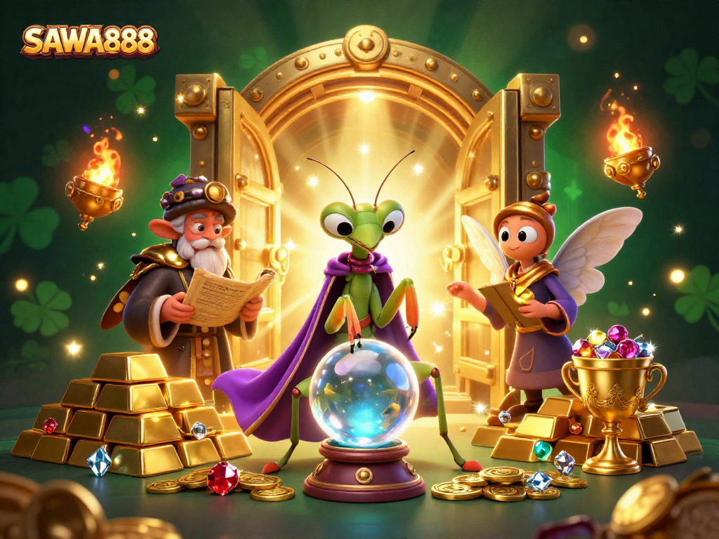 Engage with SAWA888 where a praying mantis and moth reveal winning slot secrets amid a sparkling treasure scene.