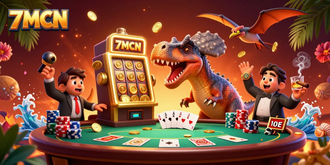 7MCN illustrates a pachycephalosaurus triggering a jackpot at a casino while flying coins scatter around.