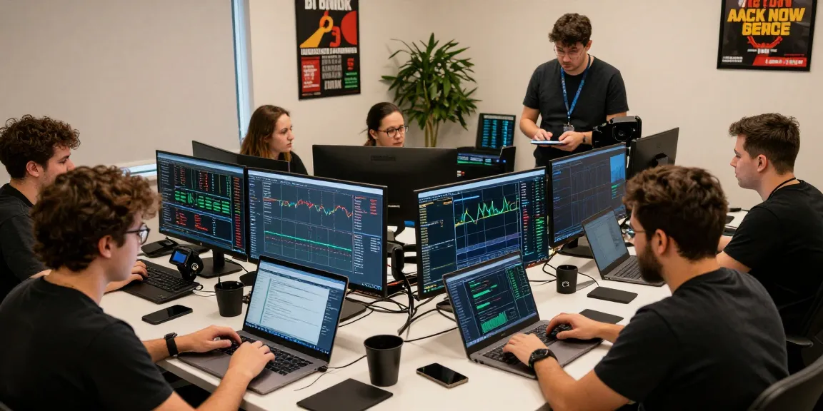 Обсуждение отзывов BitMEX в группе трейдеров с ноутбуками и графиками на экранах