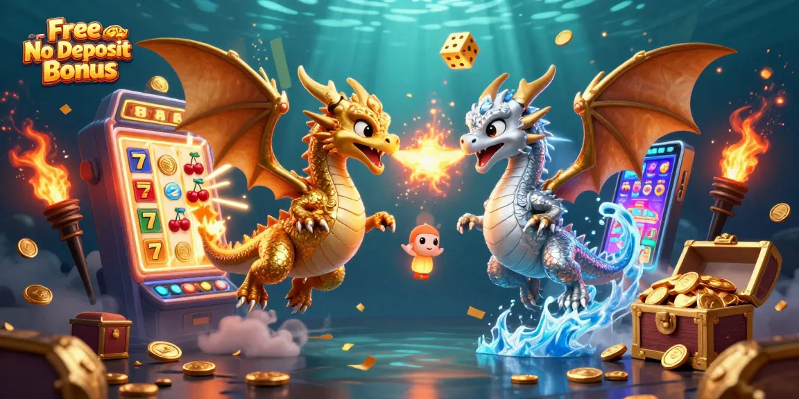 Experience exciting Free No Deposit Bonus opportunities with vibrant dragons and casino symbols in a rich 3D scene.