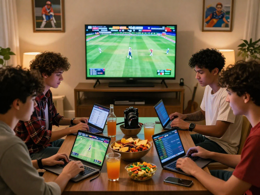 Friends using the FairPlay app for live cricket betting in a dynamic home setting.