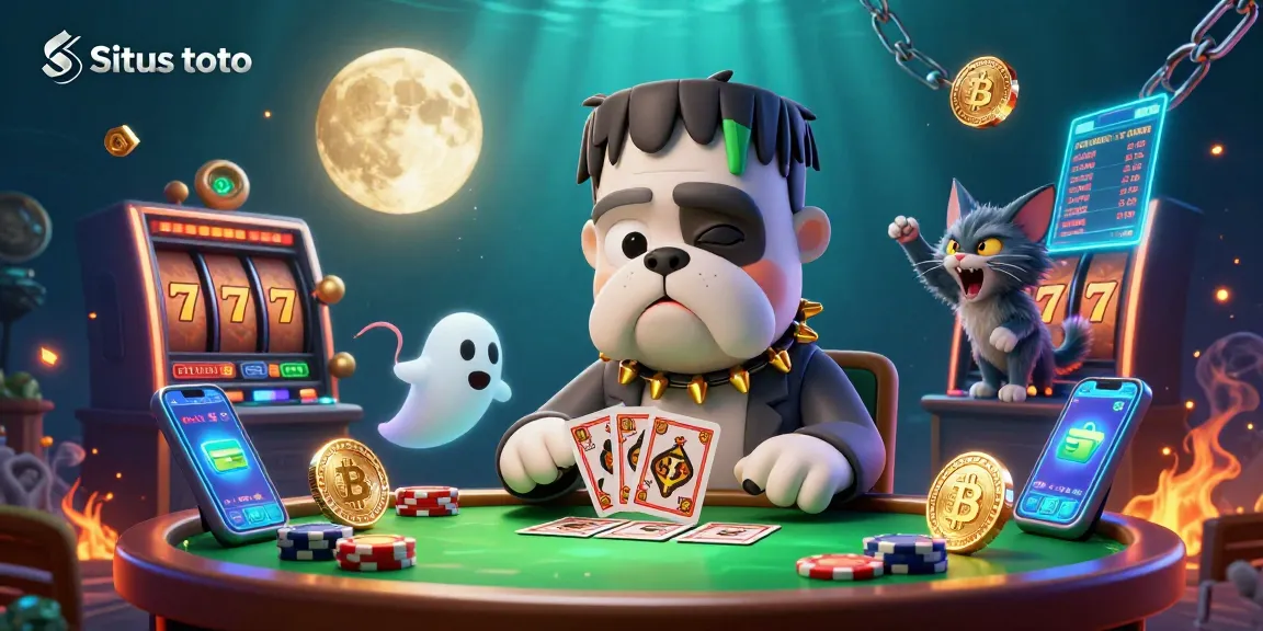 Engage in thrilling games at Situs toto, featuring a whimsical 3D scene with a bulldog dealer and ghost mouse in a vibrant casino setting