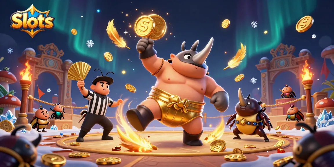 Experience Slots excitement with a cartoon rhinoceros beetle champion surrounded by gold coins and dynamic elements.