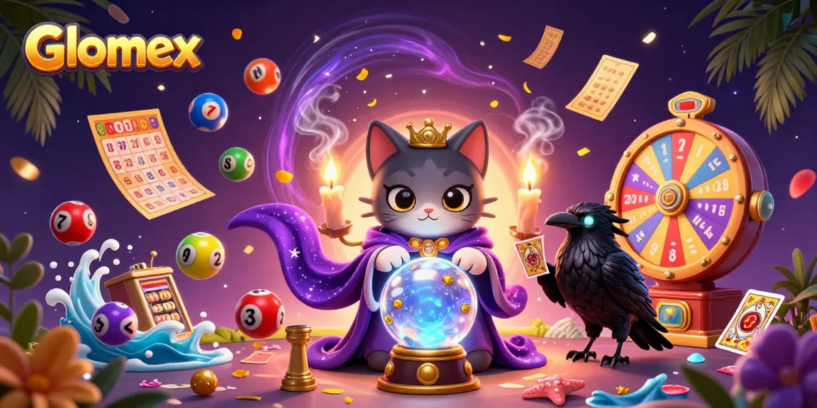 Engage with Glomex's captivating lottery scene filled with vibrant balls, cards, and prize wheels.