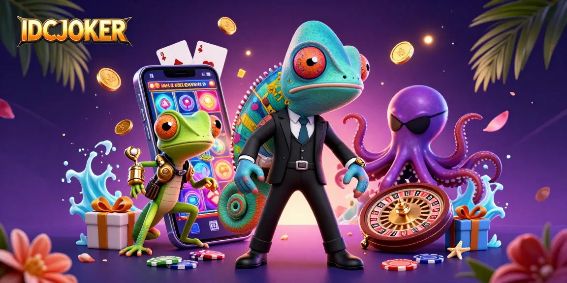 Experience thrilling wins with IDCJOKER as the chameleon agent and friends navigate colorful slots and casino games.