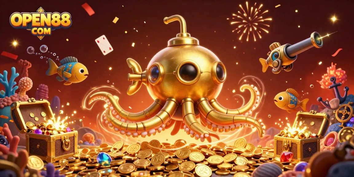 Engage in thrilling games at OPEN88 COM with vibrant visuals of 3D characters celebrating amidst gold coins.