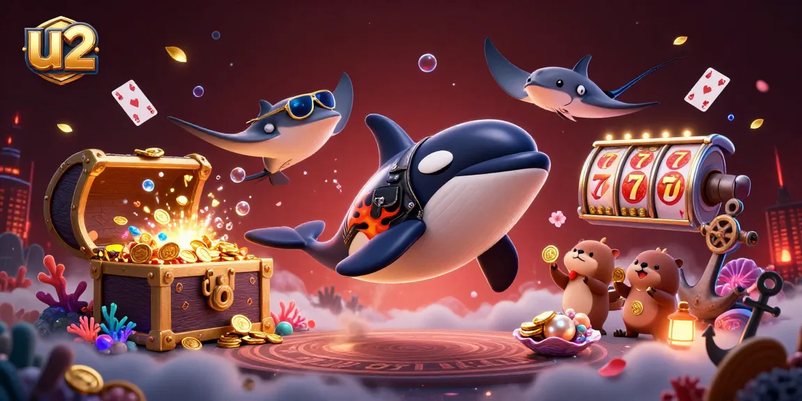 Engaging U2 Casino scene with orca and stingray showcasing thrilling slot games and lively underwater elements.