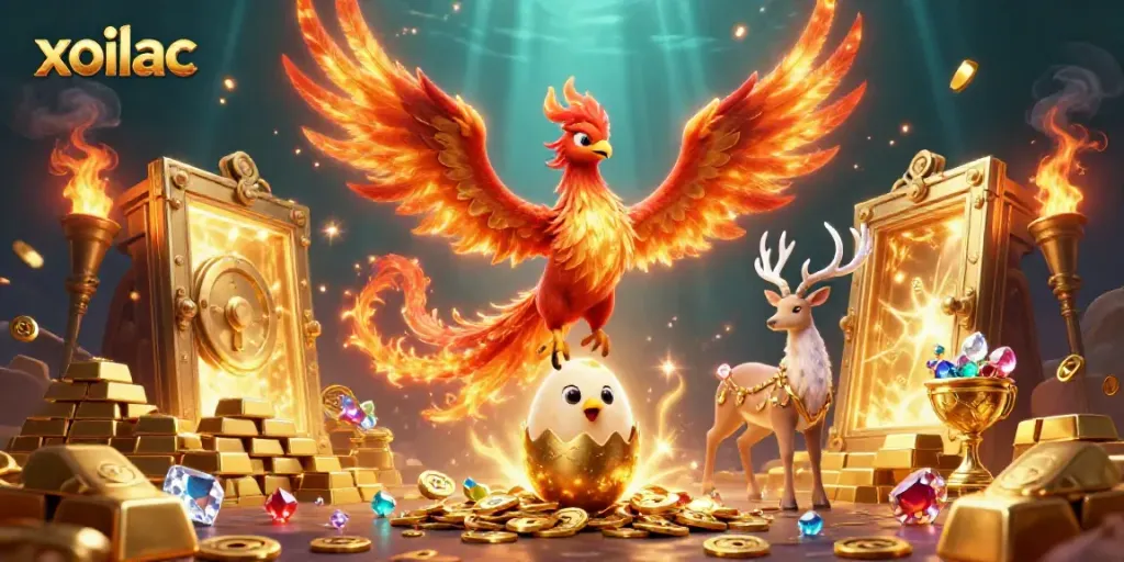 Xoilac showcases a vibrant 3D phoenix and stag amidst a treasure-filled scene, evoking excitement in gambling.