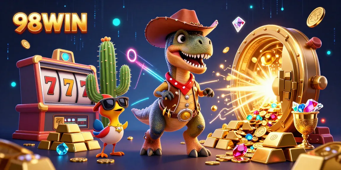 Join the excitement of 98WIN with a cowboy dinosaur and treasures in this vibrant casino illustration.