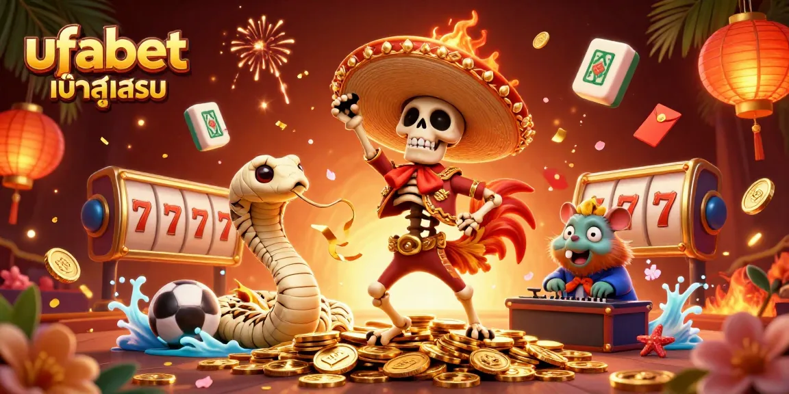 Experience the excitement with ufabet เข้าสู่ระบบ as a 3D mariachi rooster celebrates amidst vibrant casino visuals.