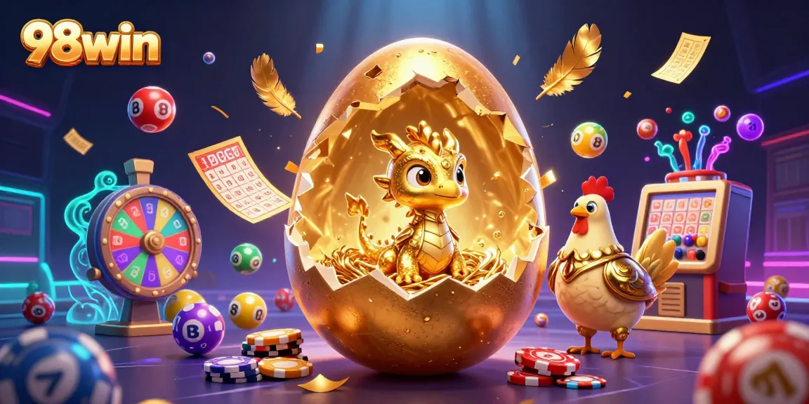Experience thrilling wins at 98win with vibrant lottery elements and a captivating golden egg scene.