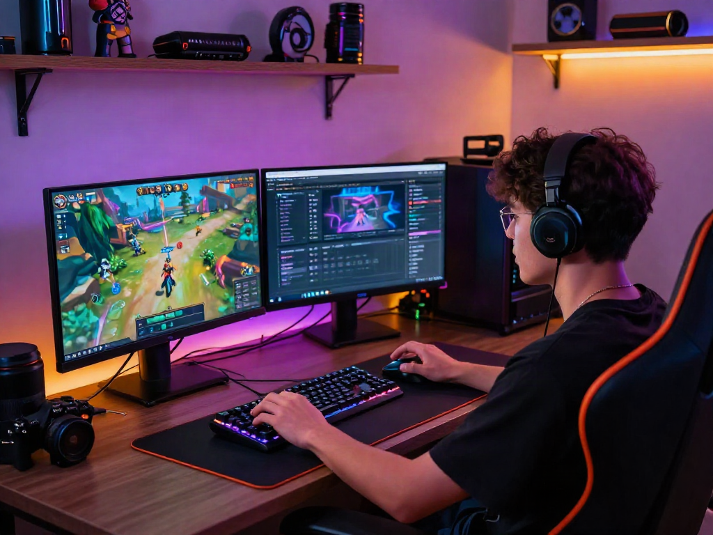 Dynamic online gaming setup featuring akunjp gaming community across dual monitors.