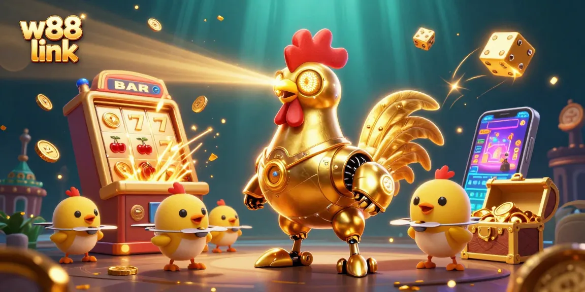 Experience the vivid action of w88 link in this dynamic gambling-themed 3D illustration, showcasing a futuristic scene with golden elements.
