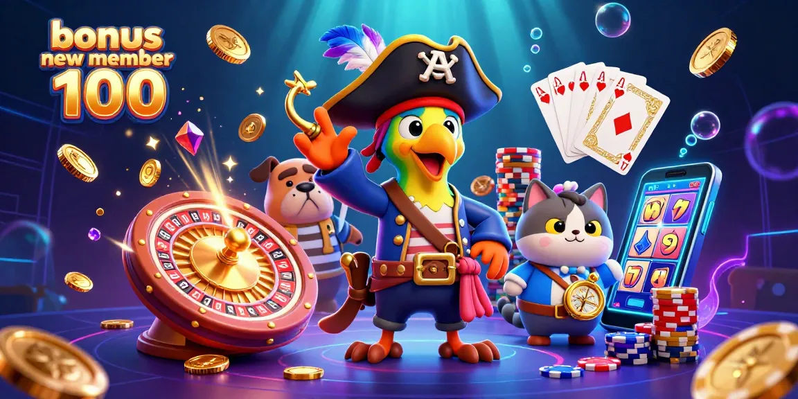 Spin to win with bonus new member 100 in this vibrant, action-packed casino illustration.