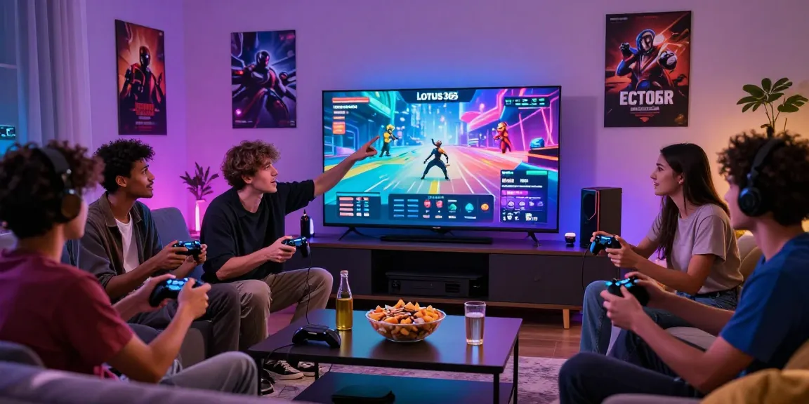 Friends enjoying a gaming night with Lotus365 interface on screen, showcasing excitement and camaraderie.