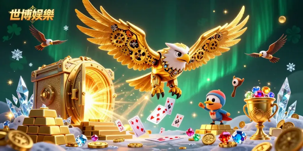 在世博娛樂玩的3D電子遊戲場景，金色老鷹與撲克牌的動態組合。