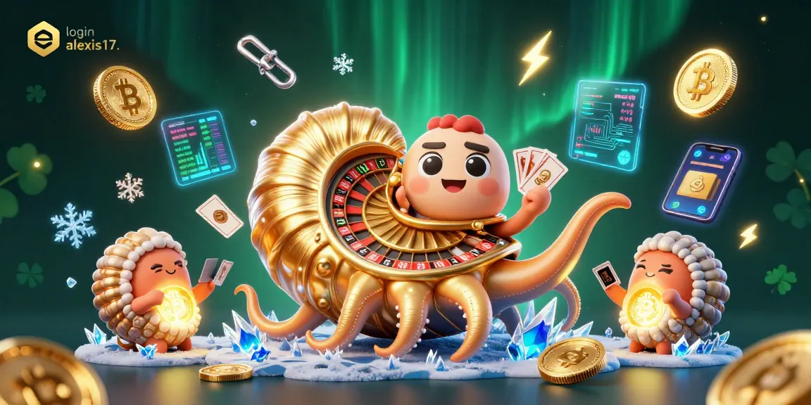 Menangkan permainan dengan login alexis17, dalam ilustrasi kasino yang kaya detail dengan elemen kripto dan keberuntungan.
