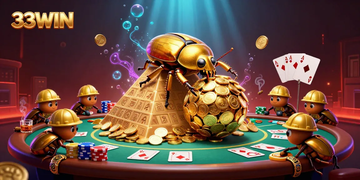Experience thrilling gameplay at 33WIN with a golden beetle surrounded by poker elements.