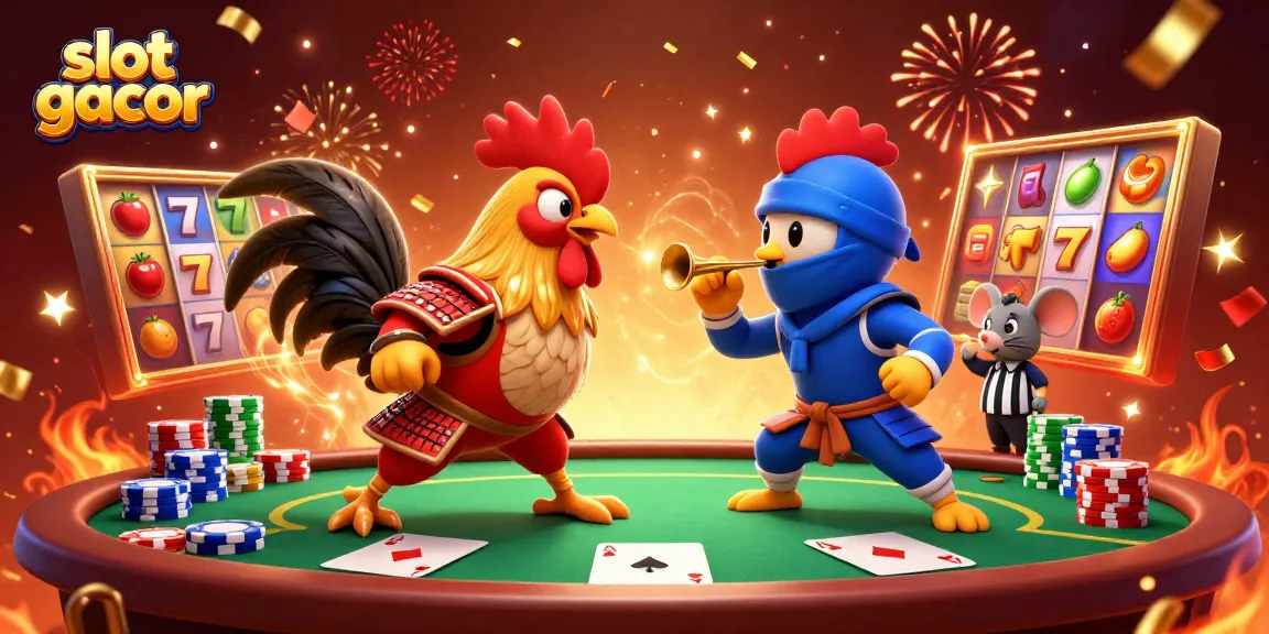 Experience thrilling slot gacor gaming with vibrant symbols and action-packed rooster showdown.